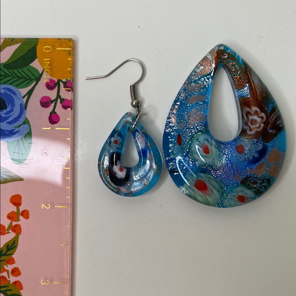 Millefiori Glass Pendant and Earrings Set Blue with Silver Open Teardrop Donut‎ - Picture 7 of 8